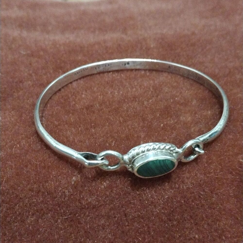 Sterling Silver Hook Bangle Bracelet Green Malachite Cabochon Taxco Mexico